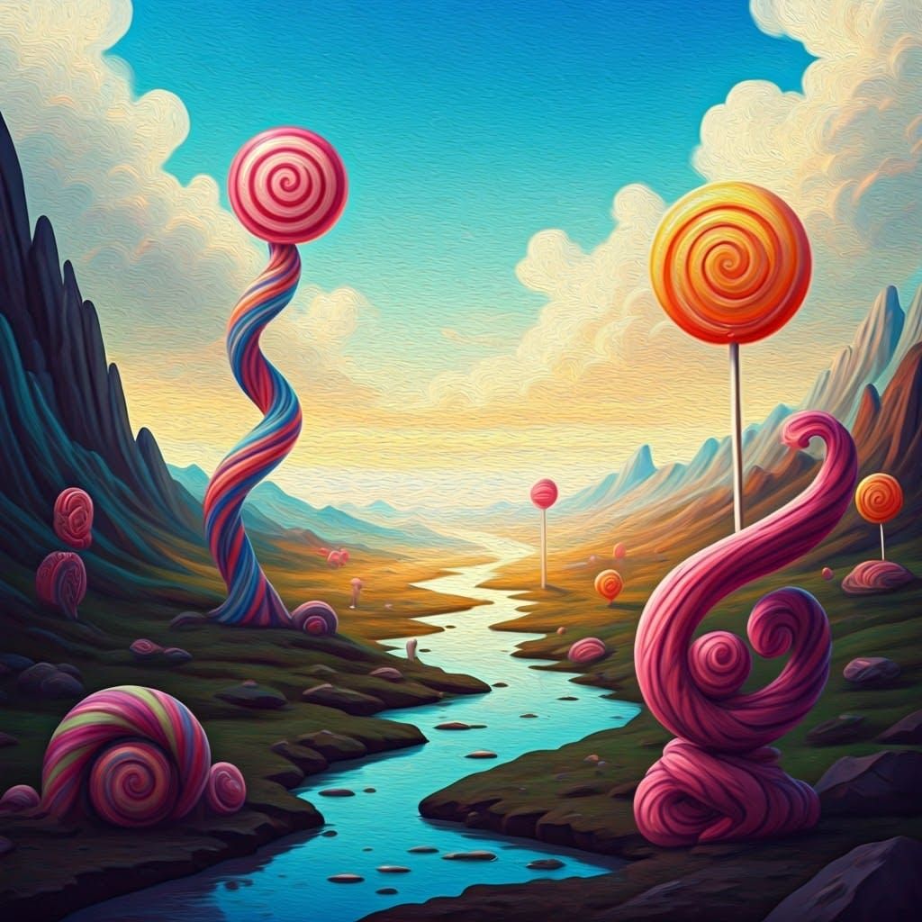 Surreal Candy Creatures in Dreamlike Landscape