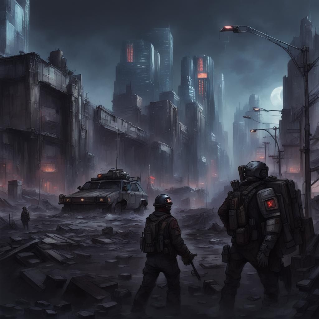 Dystopian Megacity Ruins in Cyberpunk Style