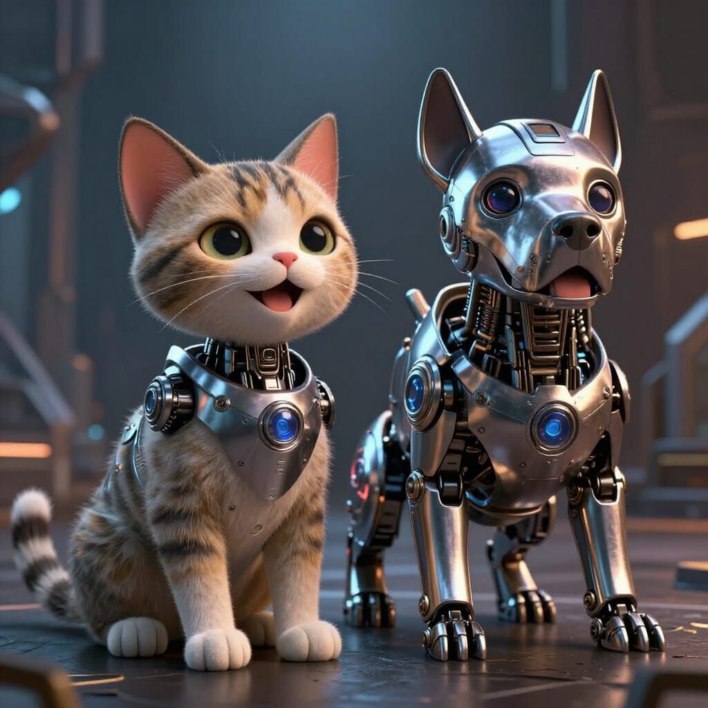 Robot Cat and Dog Friends in Futuristic Sci-Fi Cinematic Sce...