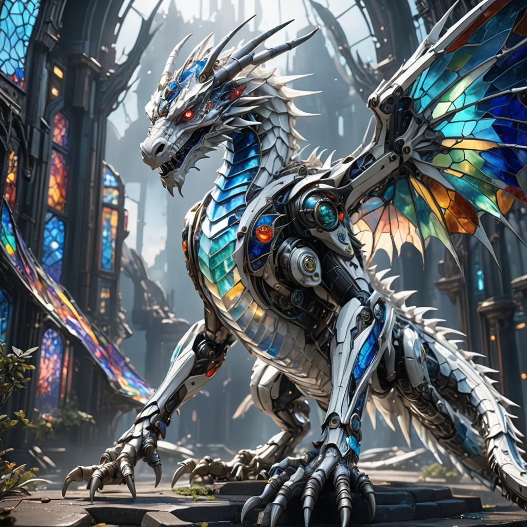 Biomechanical Stained Glass Dragon Sci-Fi Art