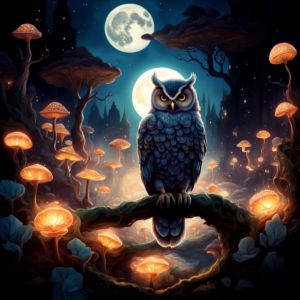 Clockwork Owl Above Mushroom City in Art Nouveau Style