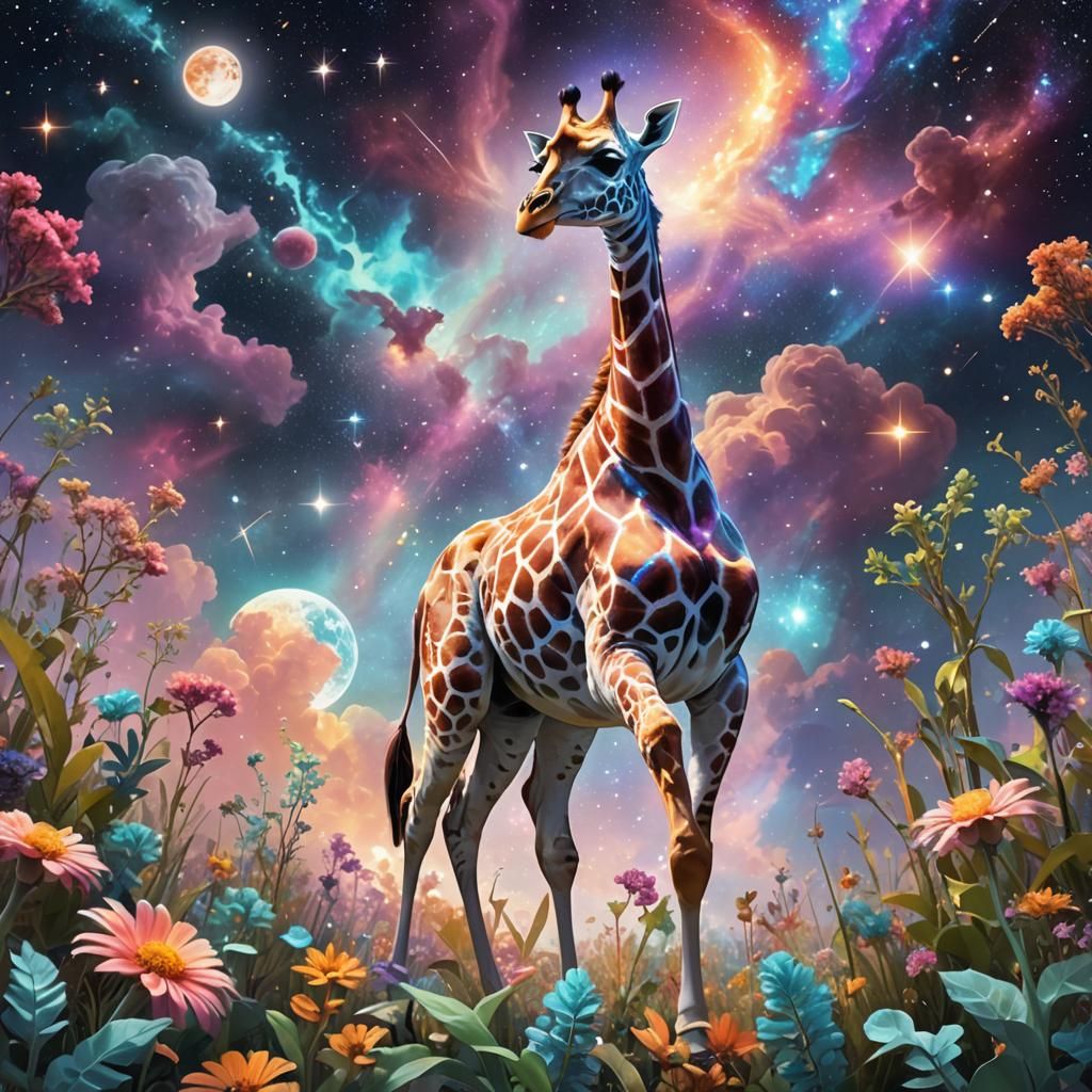 Glowing Giraffe Galloping Through Galactic Garden