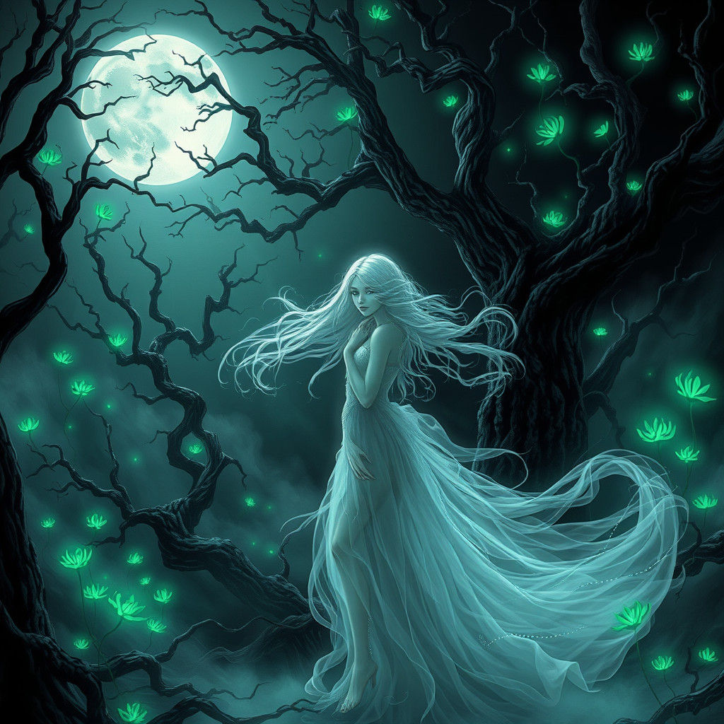 Ethereal Maiden in Enchanted Forest, Gothic Art