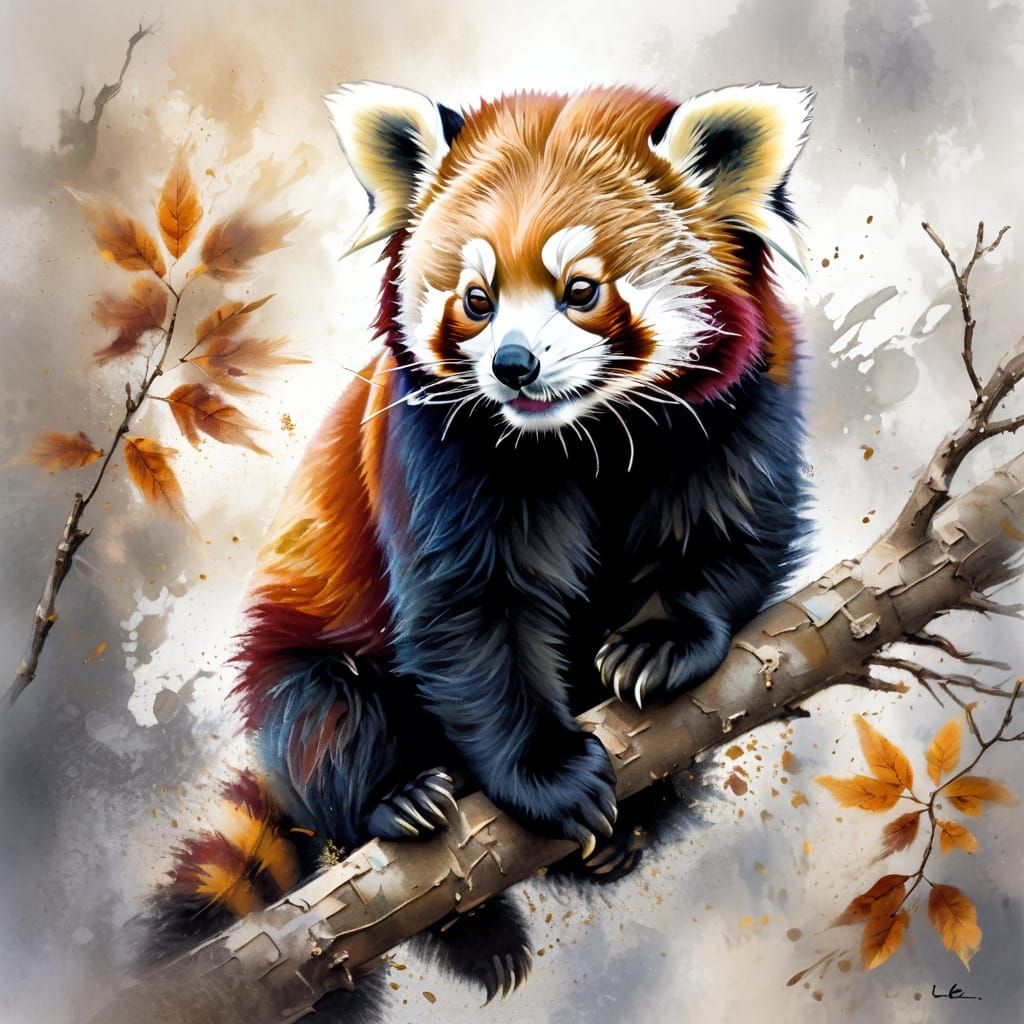 Red Panda in Autumn Forest, Impressionist Painting