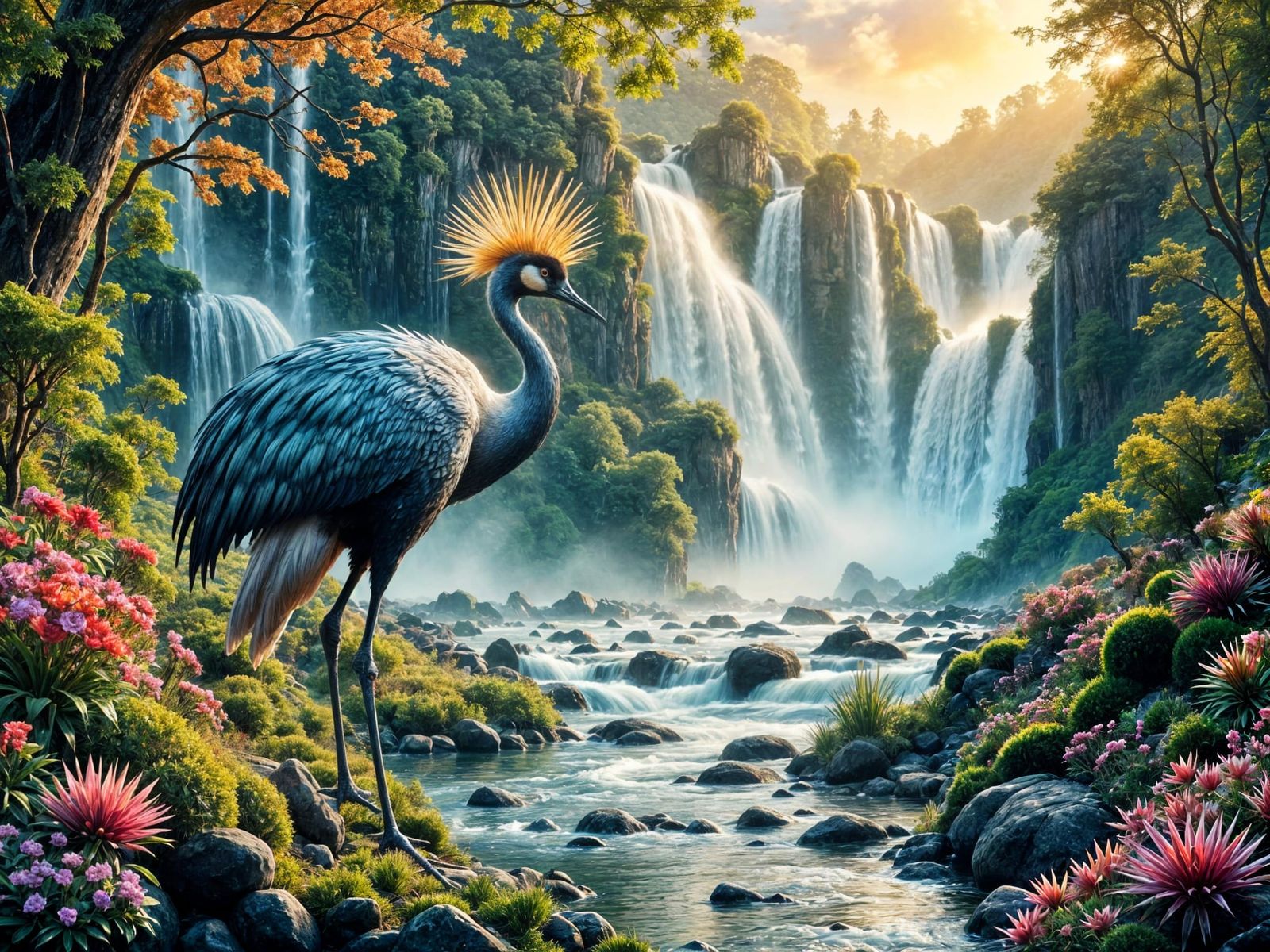 African Crowned Crane in Sparkling Waterfall Scene