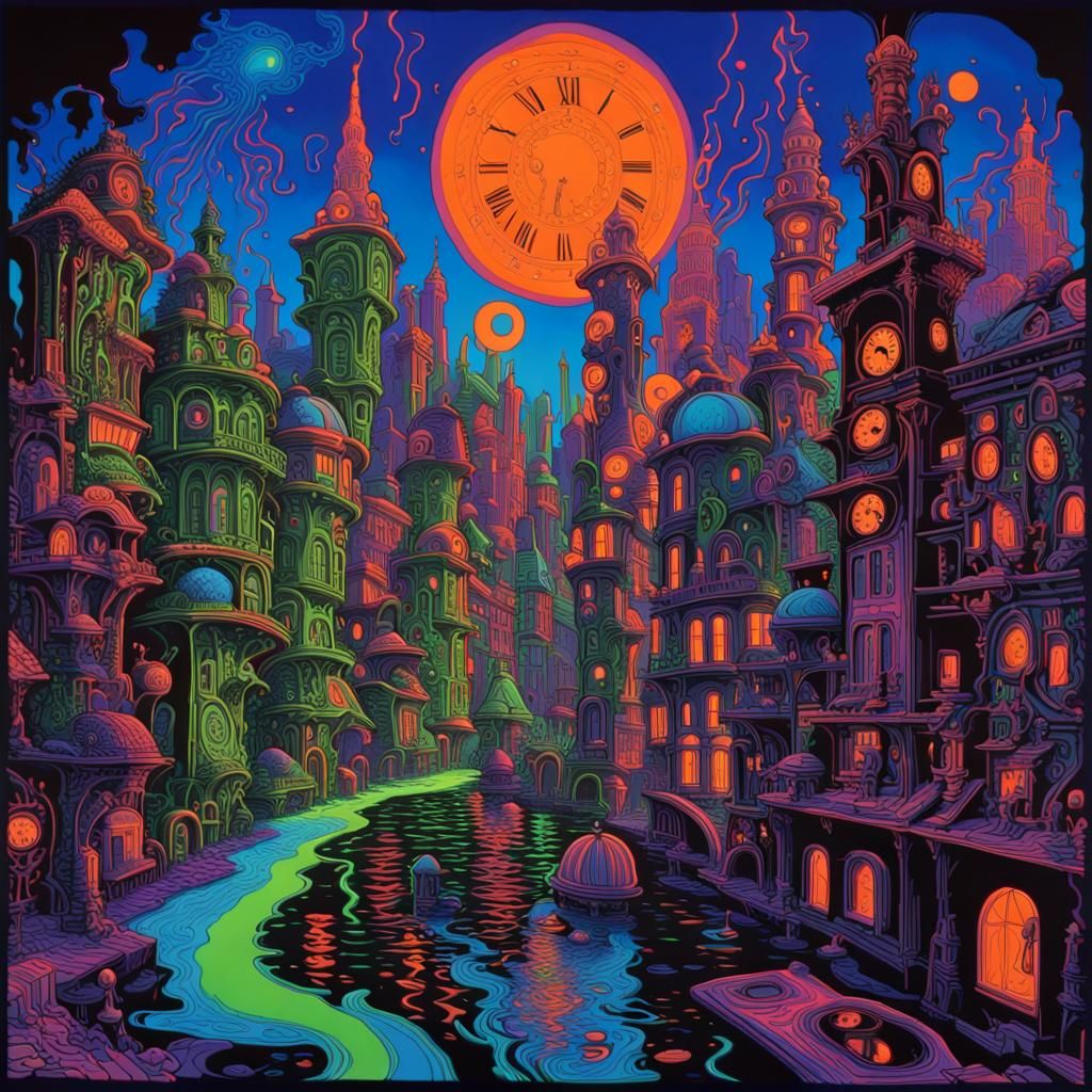 Psychedelic Blacklight Cityscape Poster Art