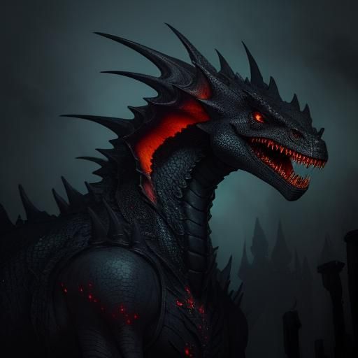 Anime Black Dragon and Lizardfolk in Ruined Temple