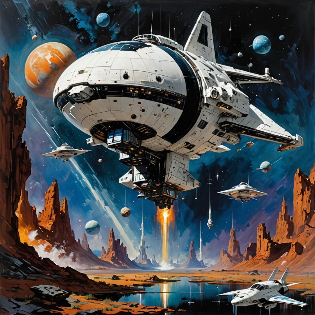 Dramatic Spacescape with White Spaceship in Oil Paint