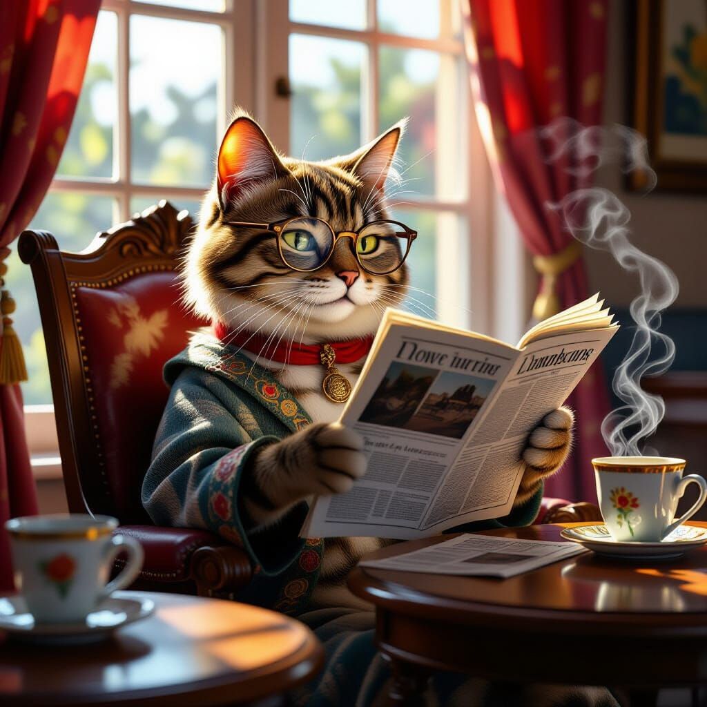 Cat Reading Newspaper in Ornate, Vibrant Style