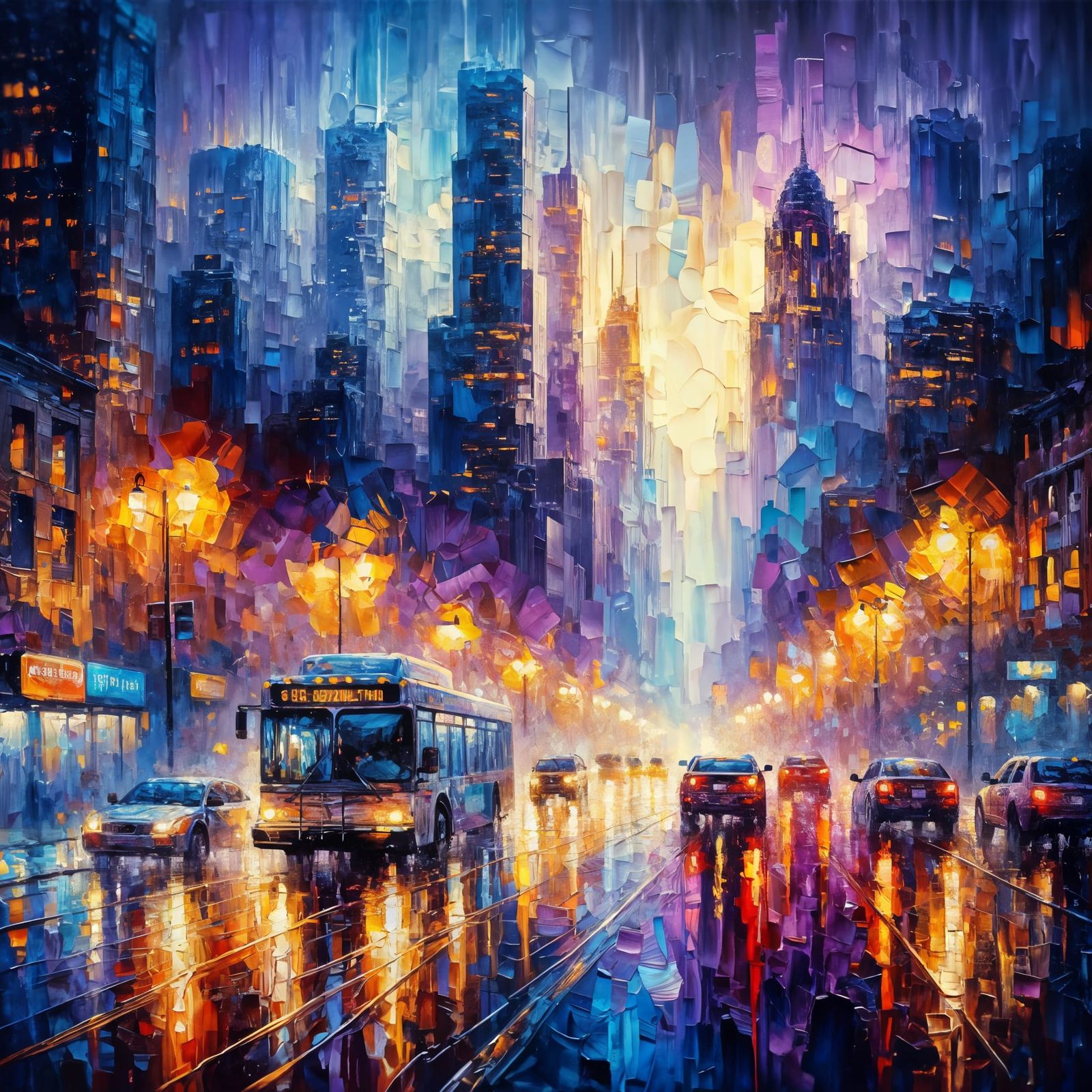 Rain-Slicked City Street at Night as Impasto Painting