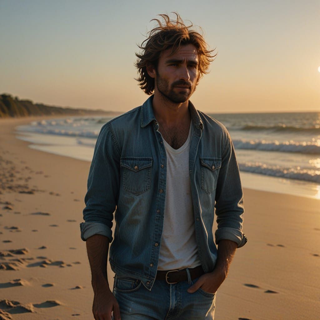 Man on Windswept Beach at Sunset