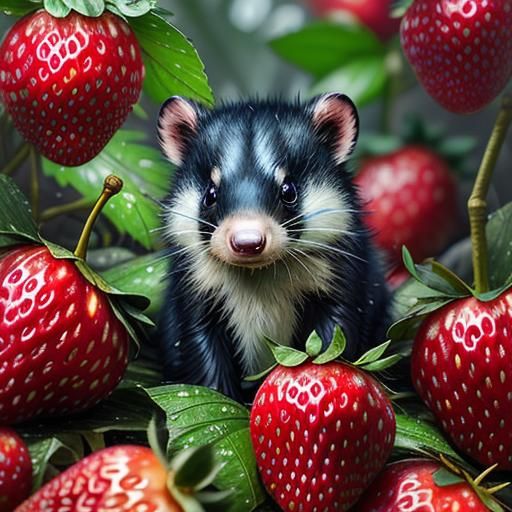 Adorable Baby Skunk Eating Strawberry: 3D HDR Portrait