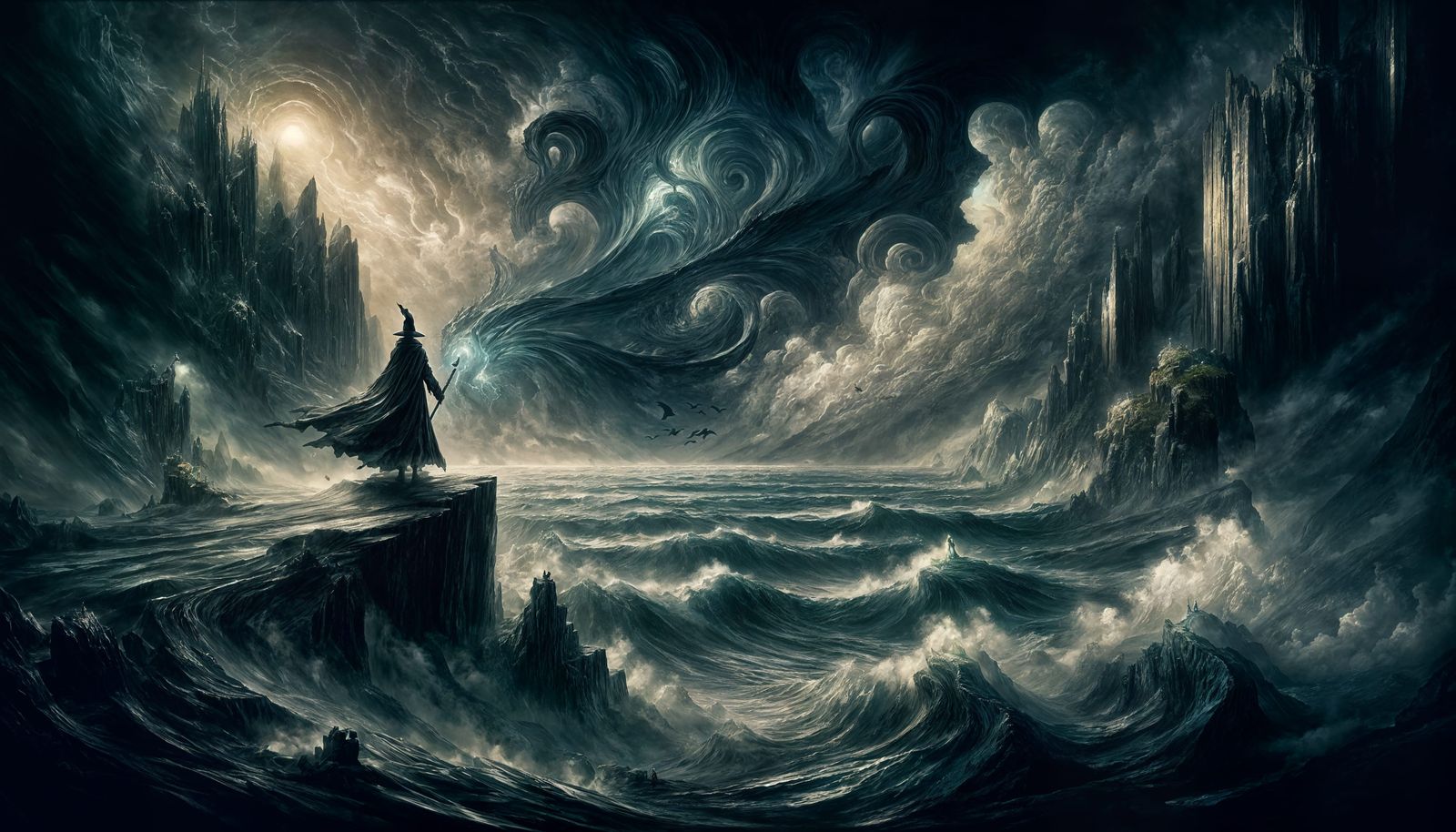 Gothic Fantasy Wizard on Windswept Cliff Overlooking Turbule...