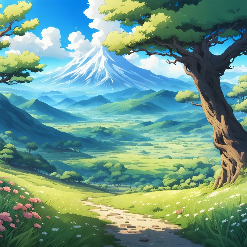 Anime Landscape with Meadows and Mountains