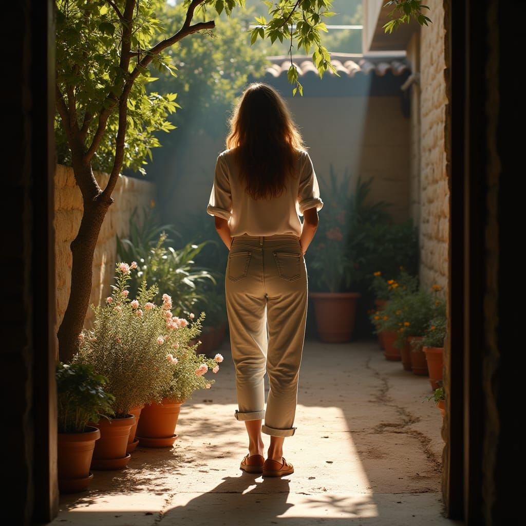Woman Repairs Flowers in Backyard Garden