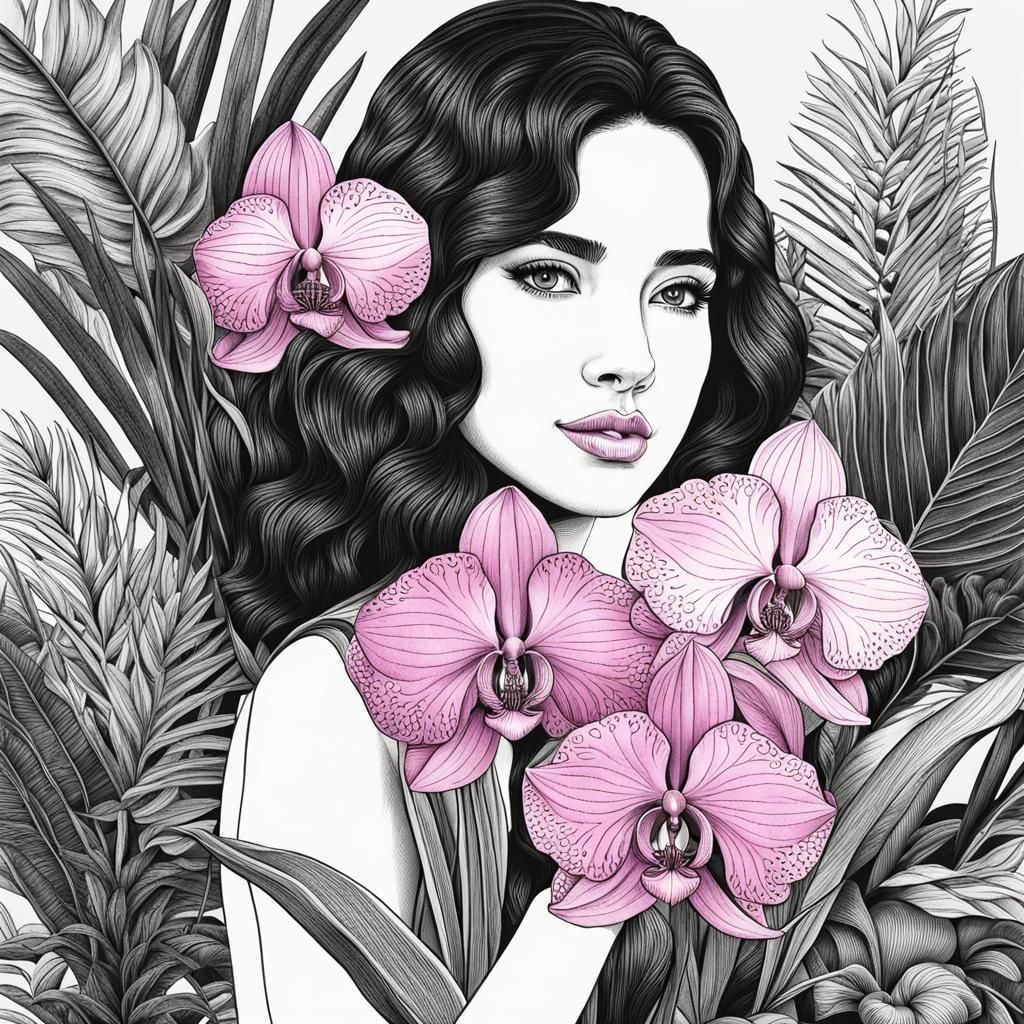 Girl with Pink Orchid: Botanical Ink Illustration