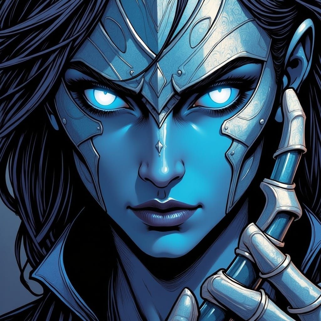 Metallic Transformation with Glowing Blue Eyes