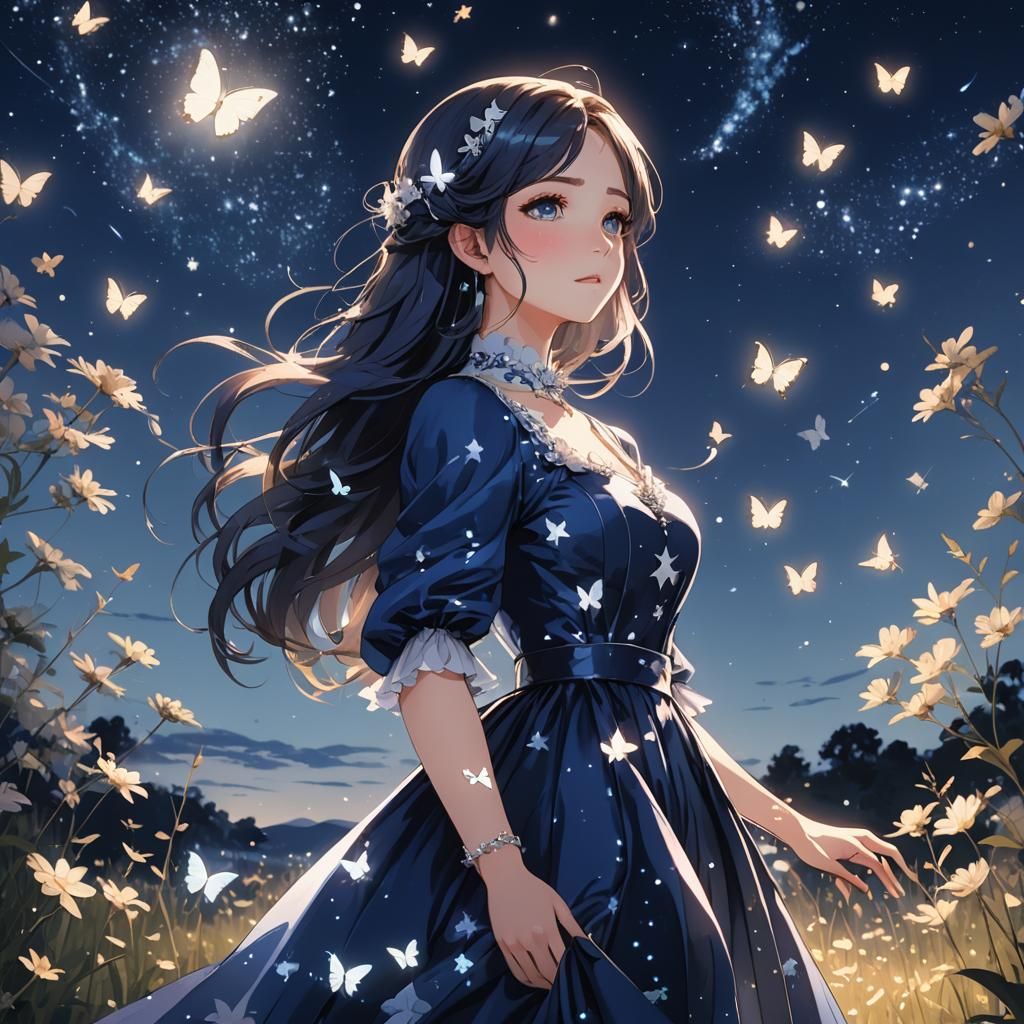 Girl in Starry Gown Gazing at Night Sky