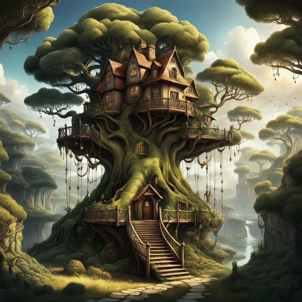 Magical Fantasy Treehouse in Ancient Gnarled Tree