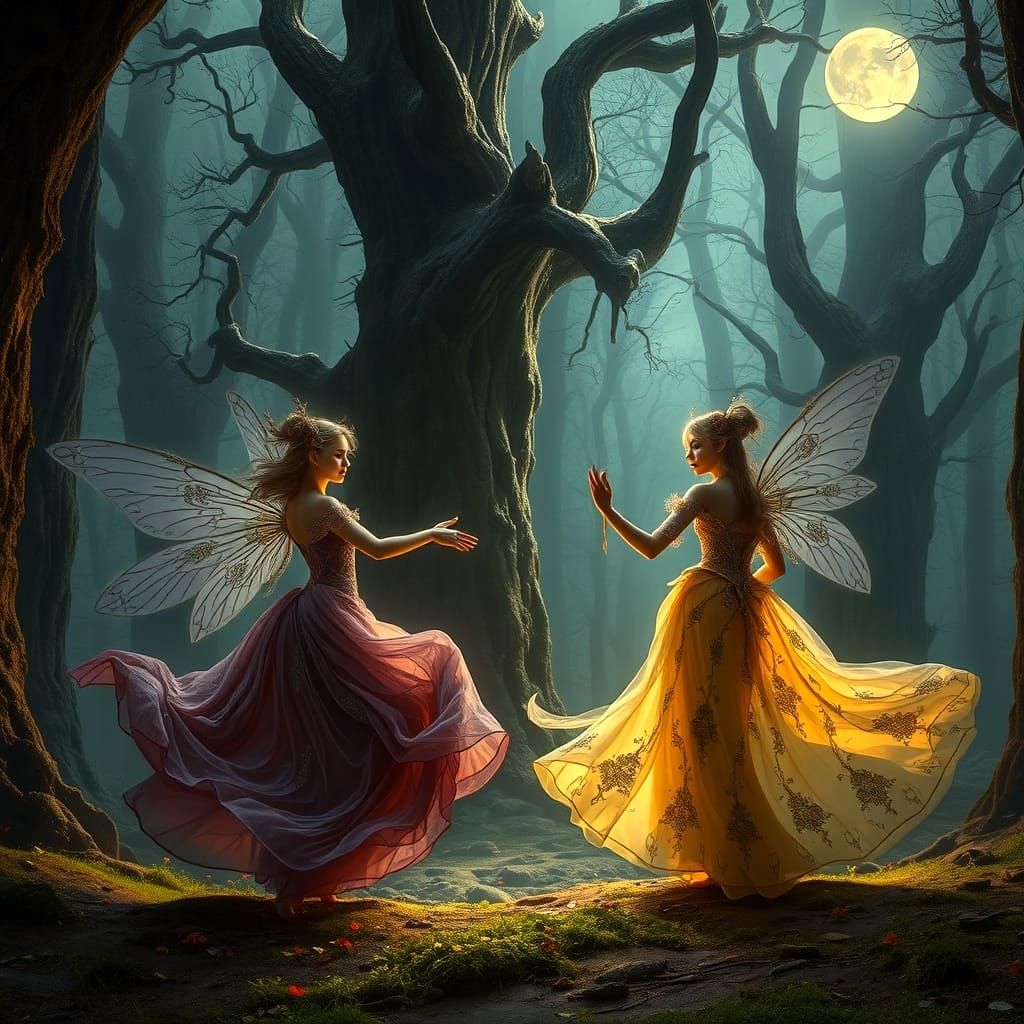 Fairies Dance in Enchanted Forest: Dark Fantasy Art