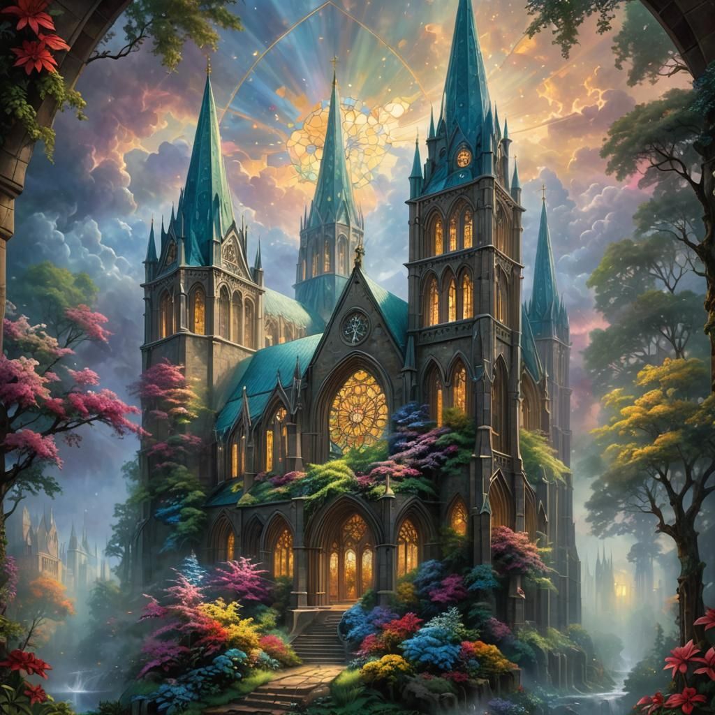 Stained Glass Cathedral with Balsam Flower