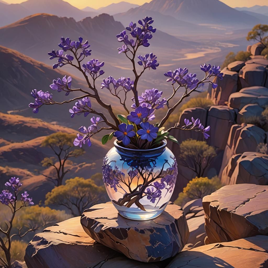 Jacaranda in Vase at Sunset: Hyperrealistic Concept Art