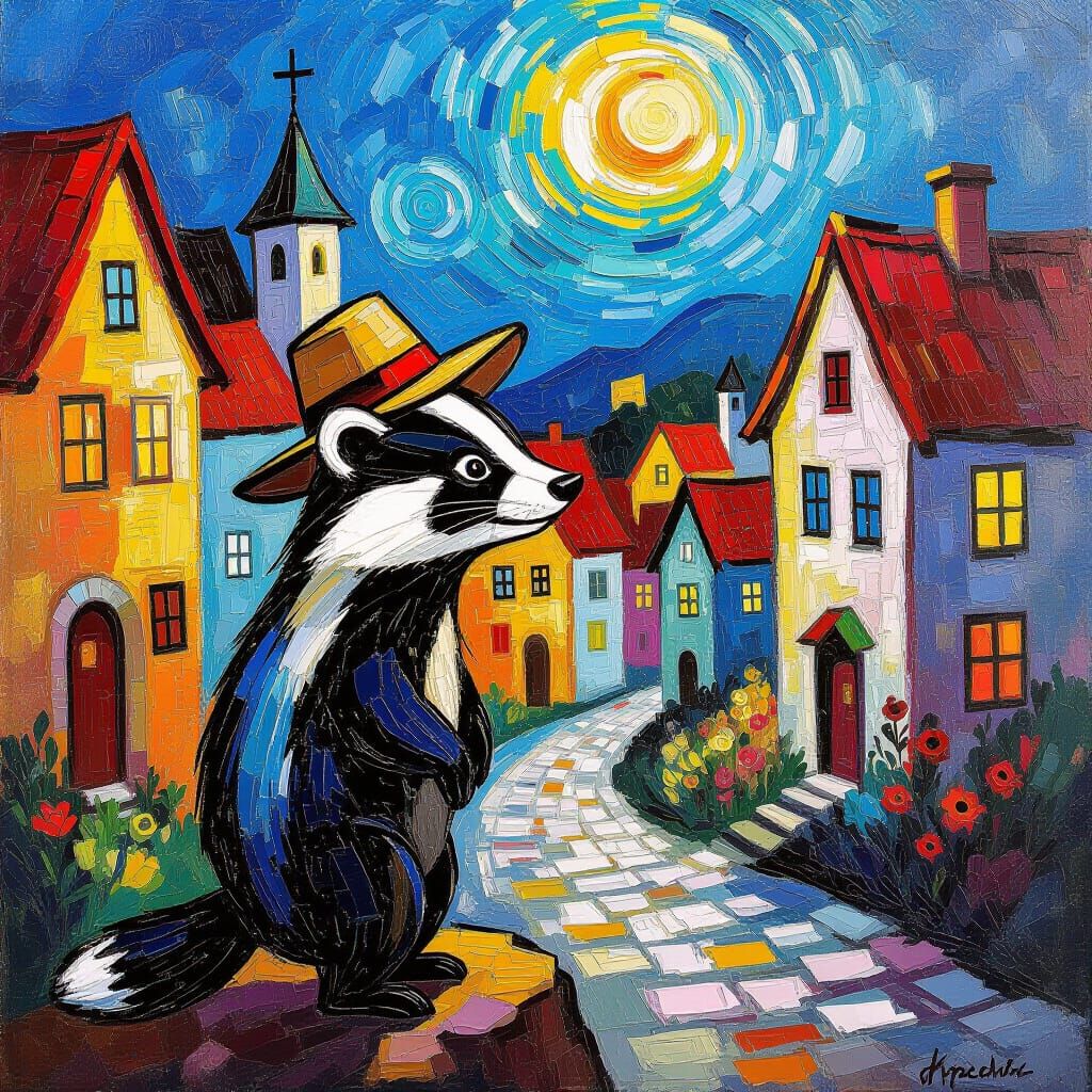 Expressionist Badger Adventurer in Whimsical Village Square ...