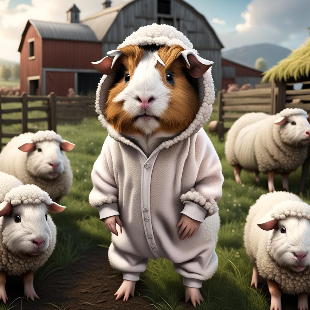 Guinea Pig in Sheep Onesie: Detailed Farm Painting