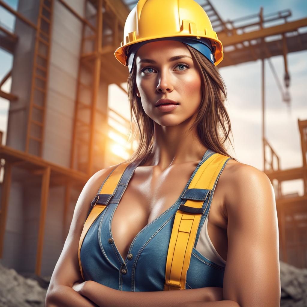 Hyperrealistic Construction Worker in Bikini Top