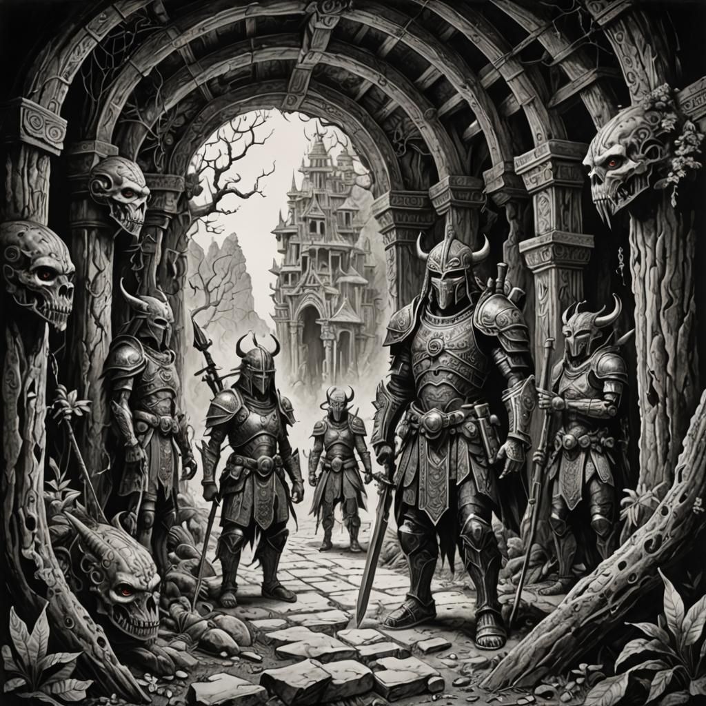 Warriors Explore Monster Lair in Ink Drawing