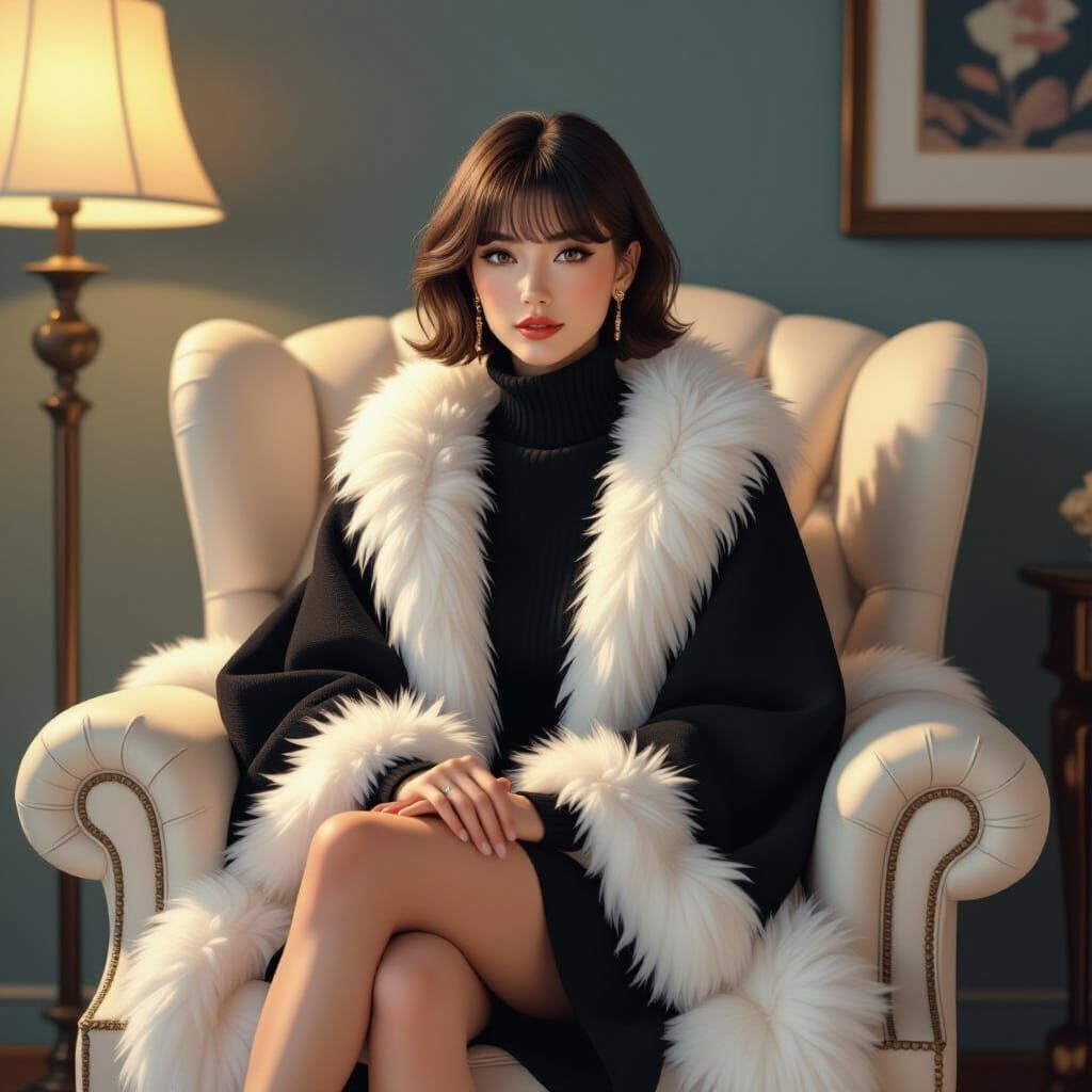 Elegant Woman in Fur Armchair, Abstract Art Style