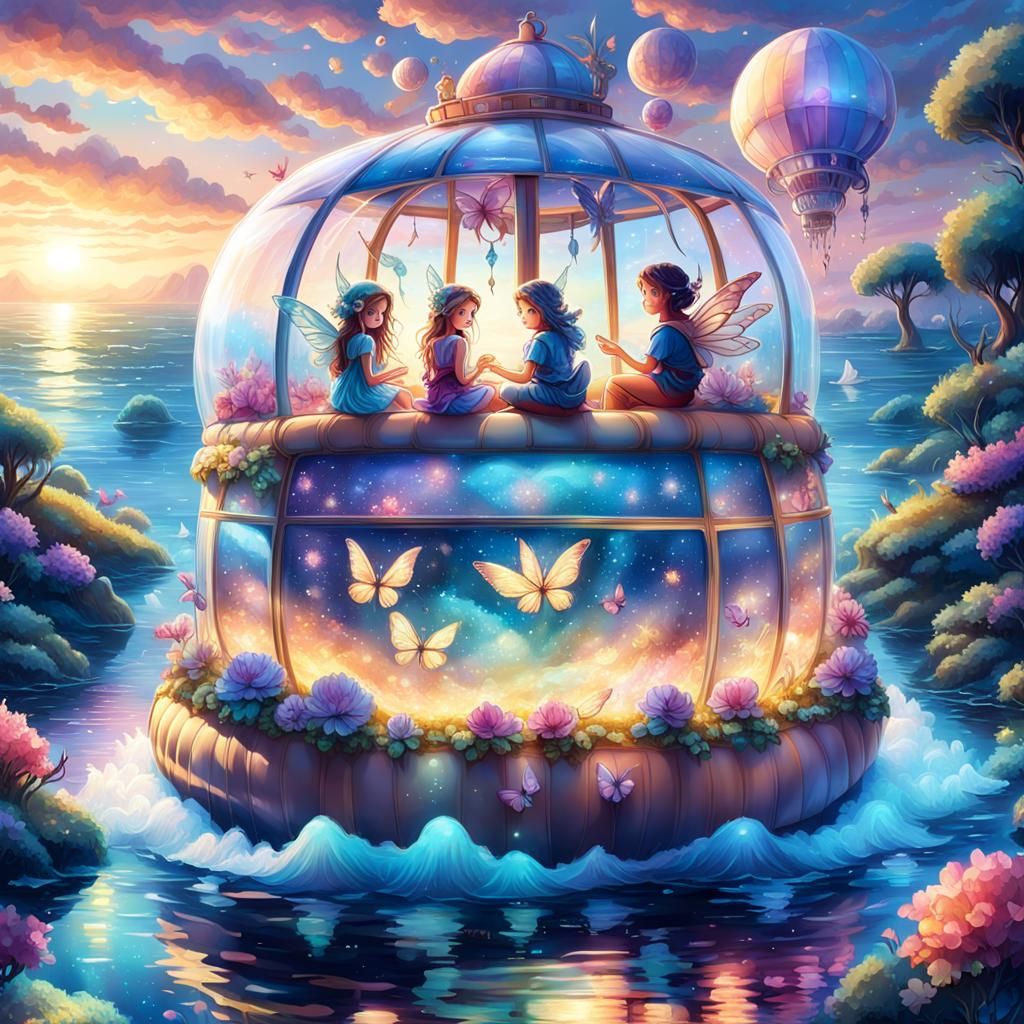 Fairies in a Boat at Sunset: Ethereal Fantasy