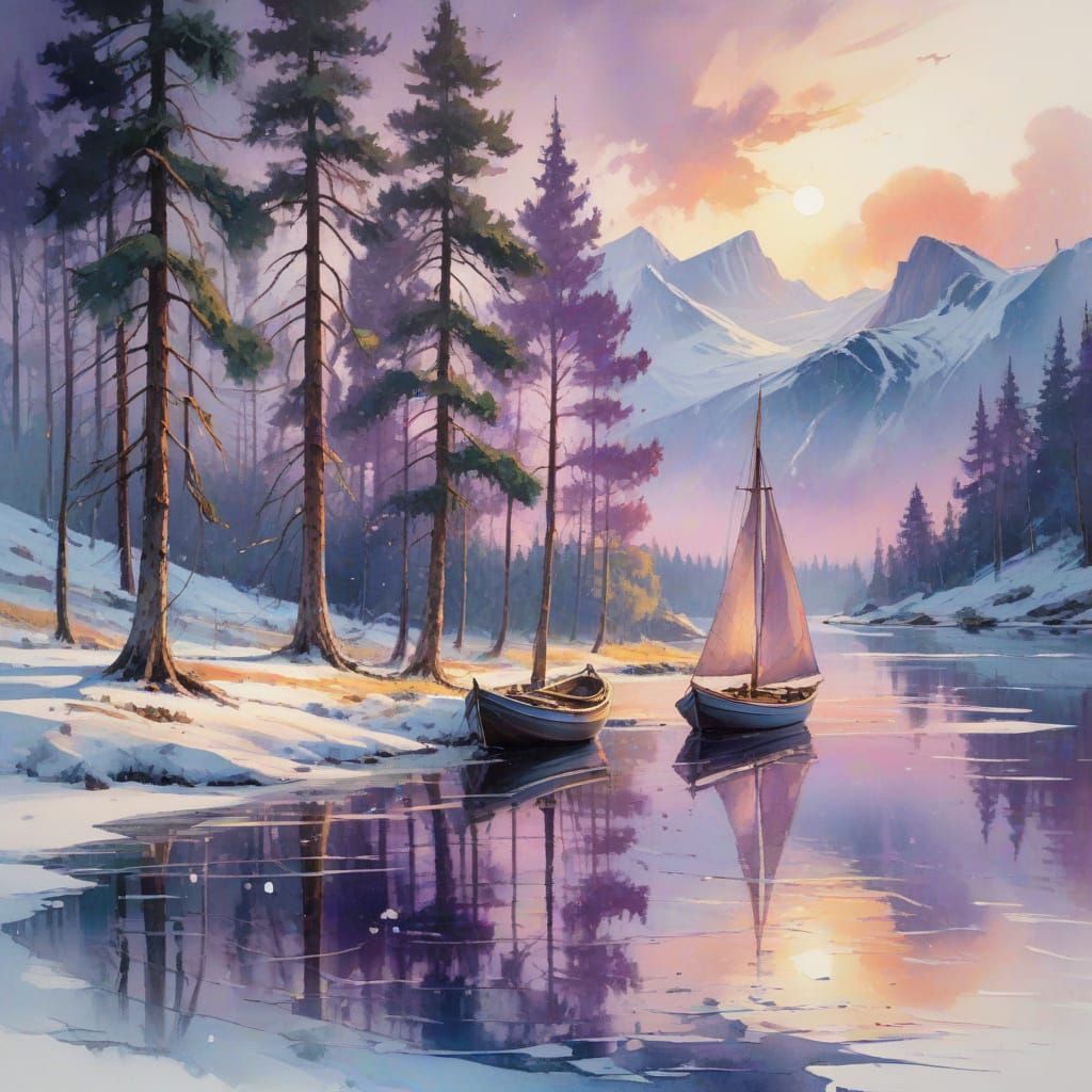 Sailing Boat Under Northern Lights, Neo-Impressionist Style