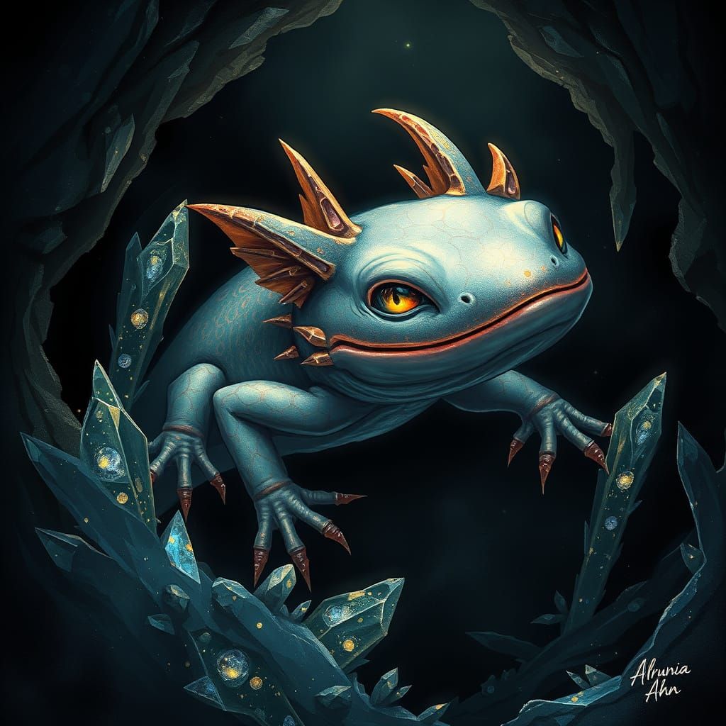 Whimsical Axolotl in a Dreamlike Water Crystal Cave