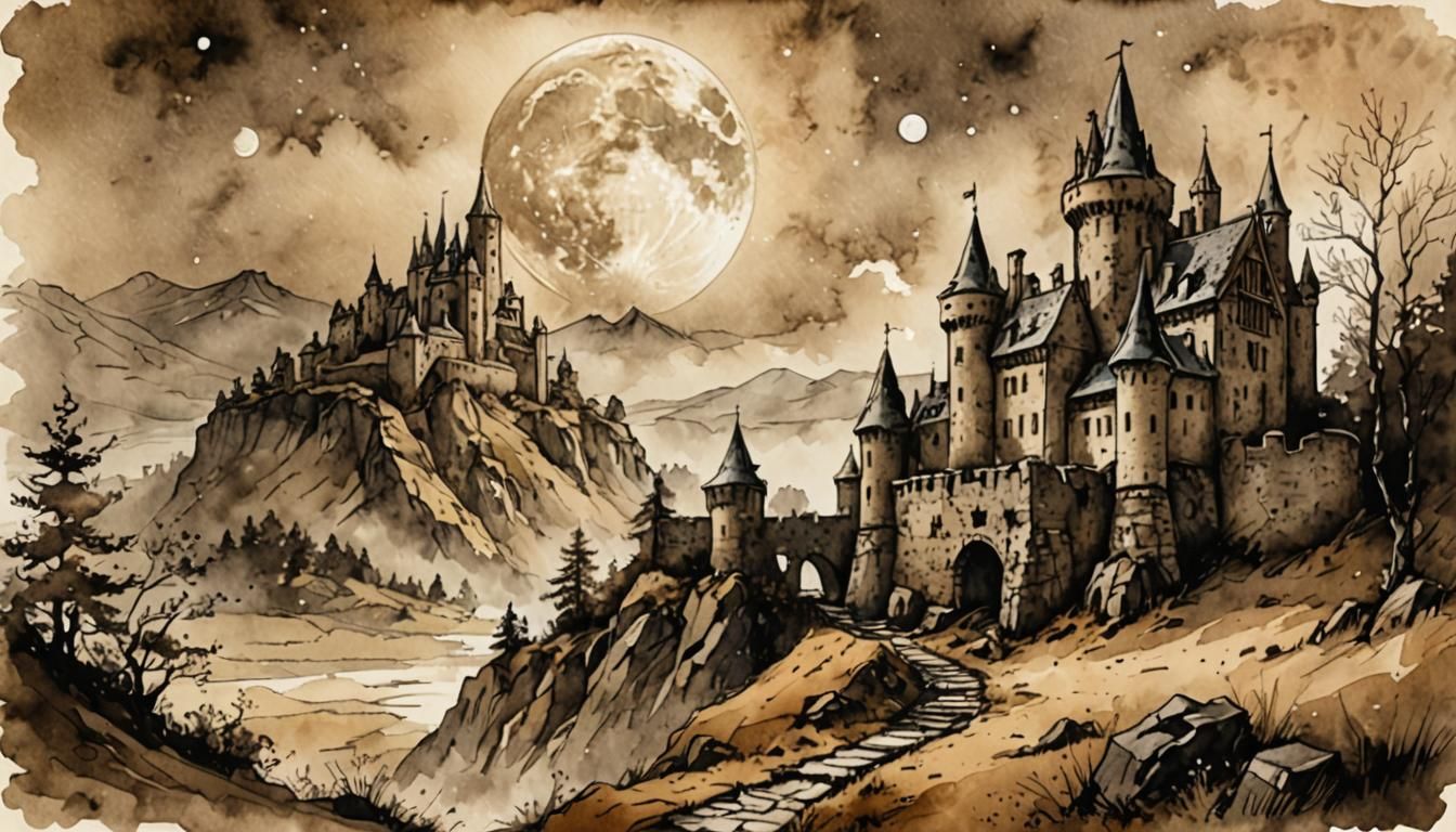 Highland Castle Ruins in Sepia Watercolor Style