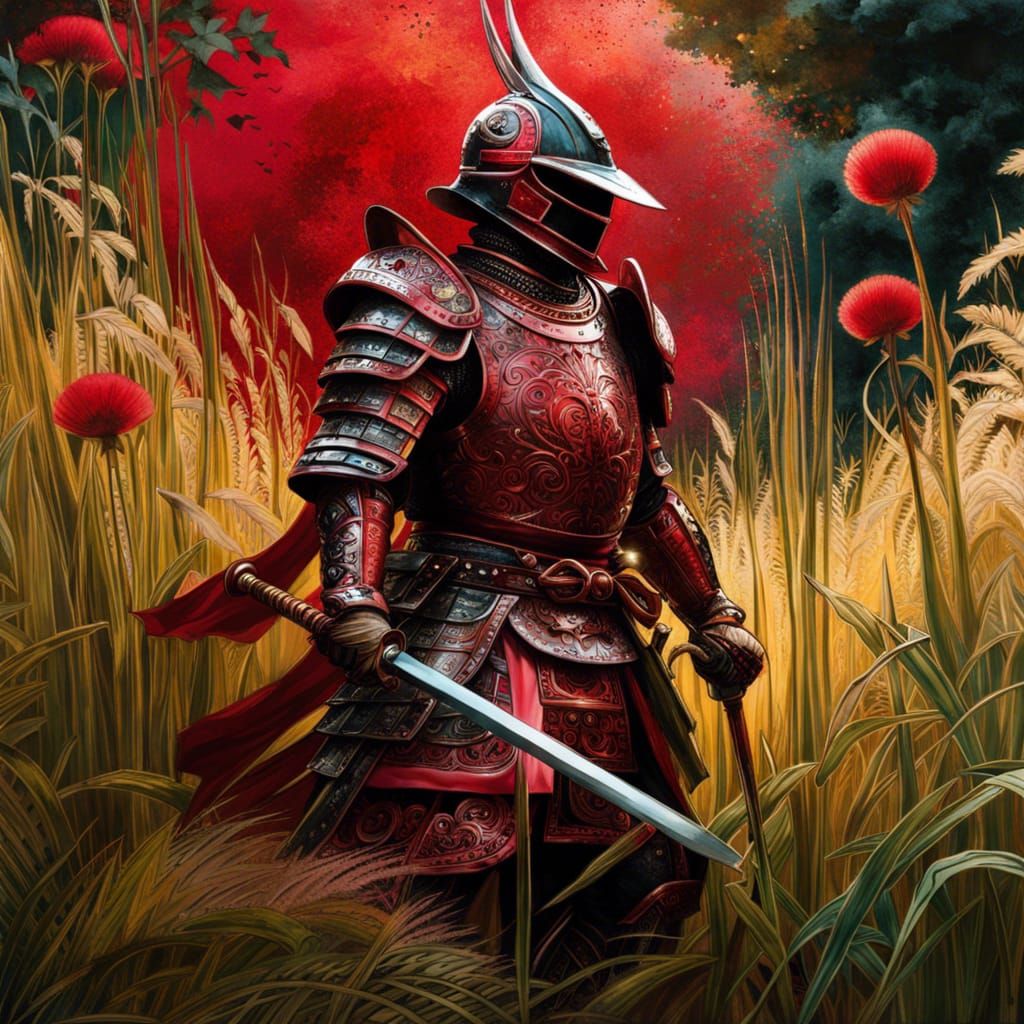 """Extremely detailed complex "shiny onxy ruby Filigree samurai knight standing in tall grass!!!" breathtaking epic mast...