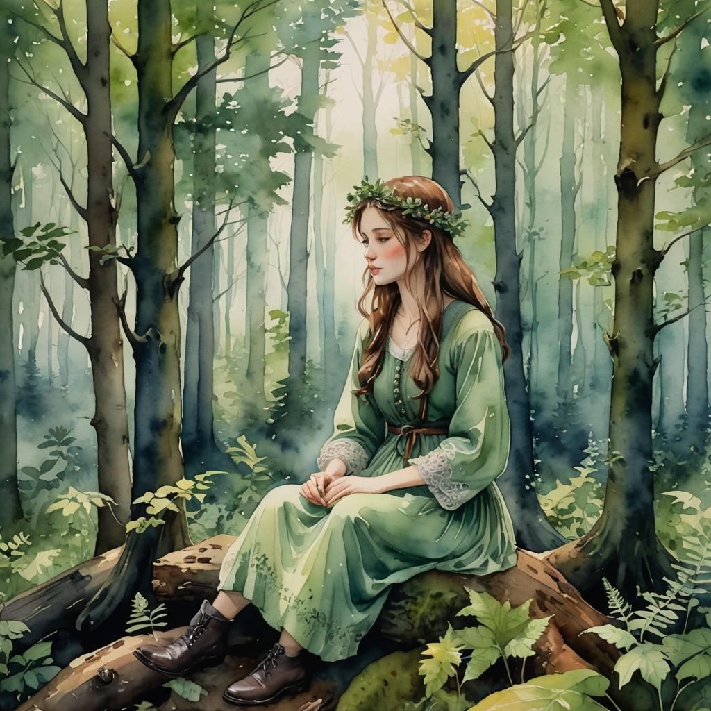 Woman Breathing in Forest: Detailed Watercolor