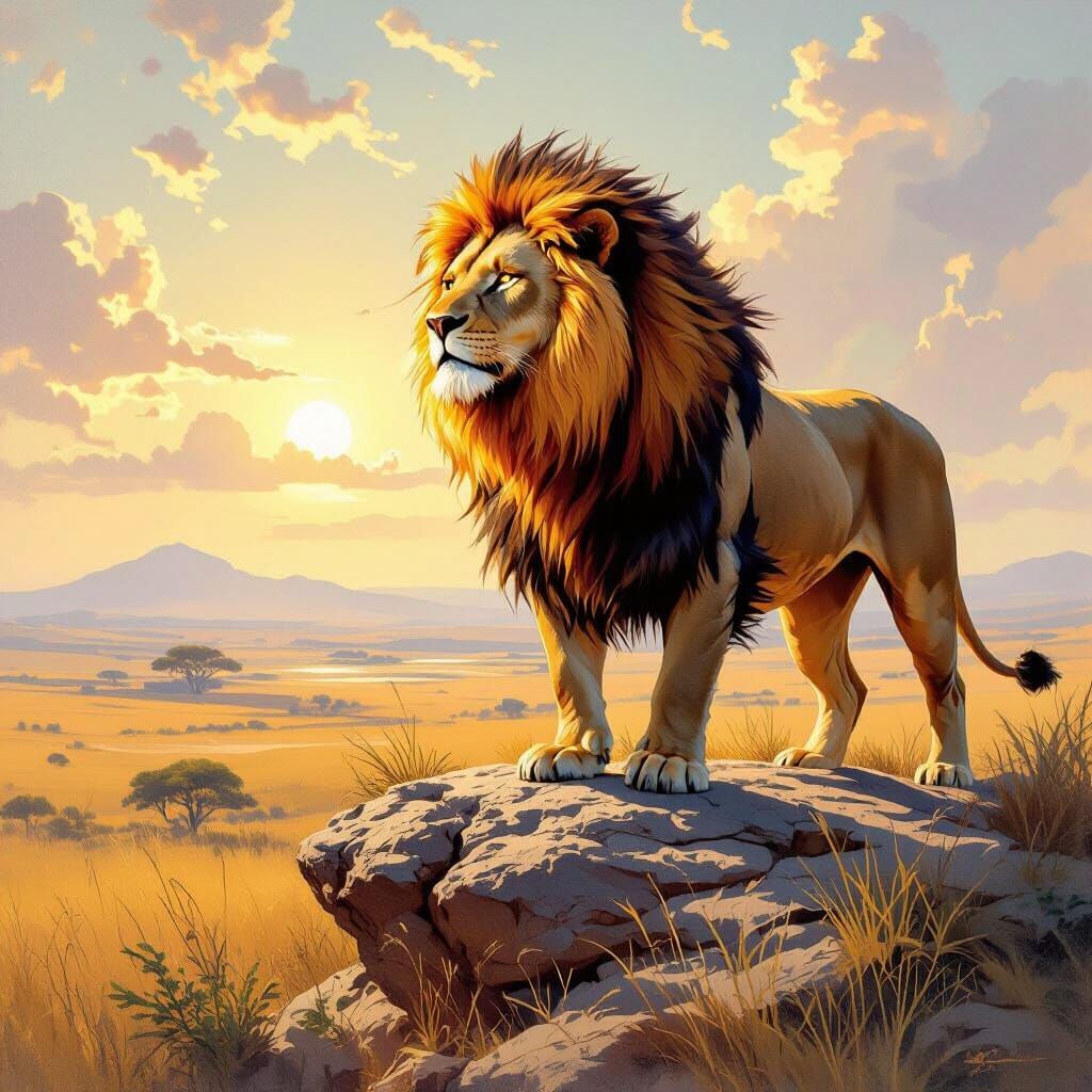 Fiery Lion Overlooking Savanna, Dramatic Realism