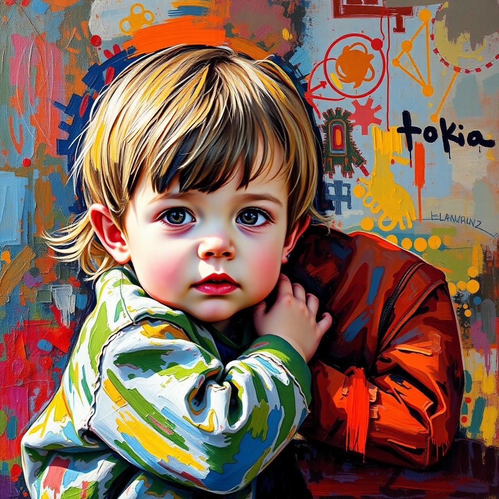Childhood Scene in Hyperrealistic Expressionist Oil Painting