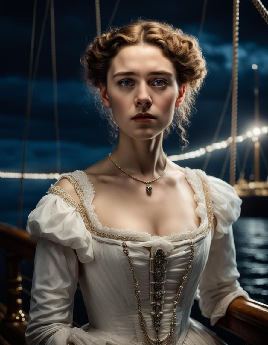 Victorian Woman on Titanic in Hyperrealistic Style