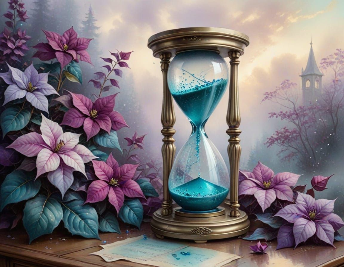 Antique Hourglass with Teal & Purple Poinsettias
