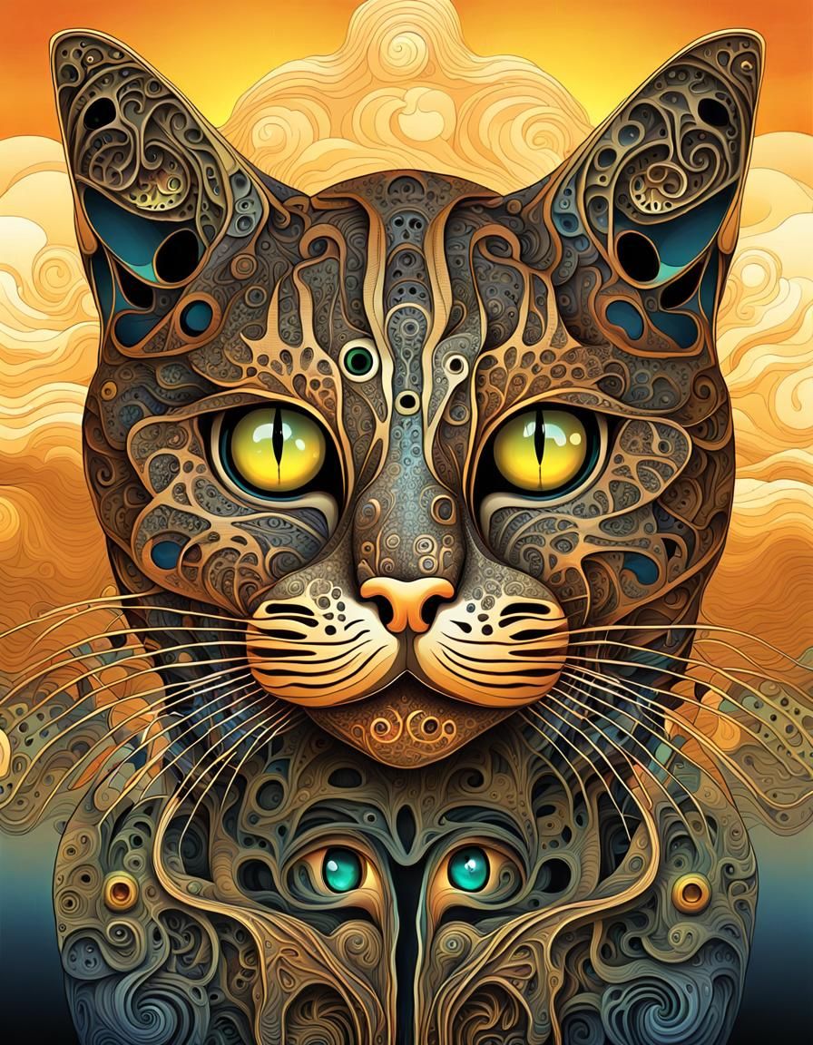 Surreal Zentangle Cat in Golden Hour Sunset