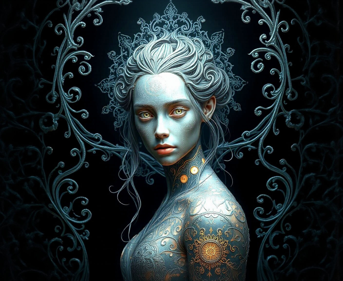 Ethereal Bioluminescent Maiden with Silver Filigree Design