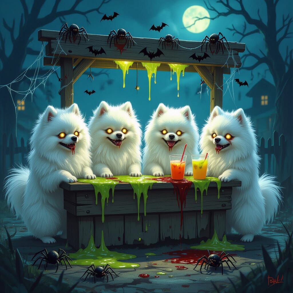 Zombie Pomeranians Run Slime Stand on Haunted Moonlit Night