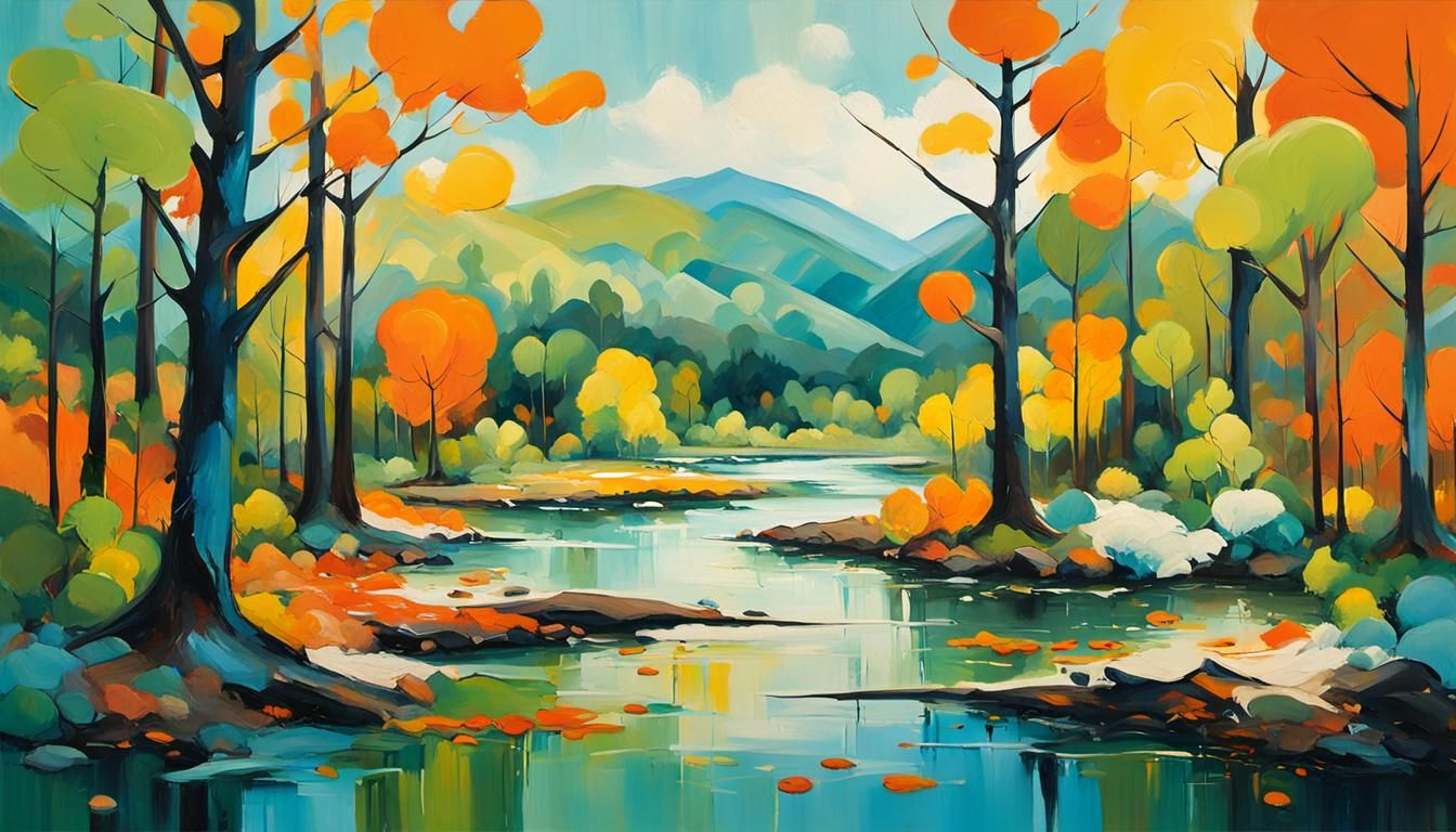 Abstract Expressionist Landscape with Flowing River