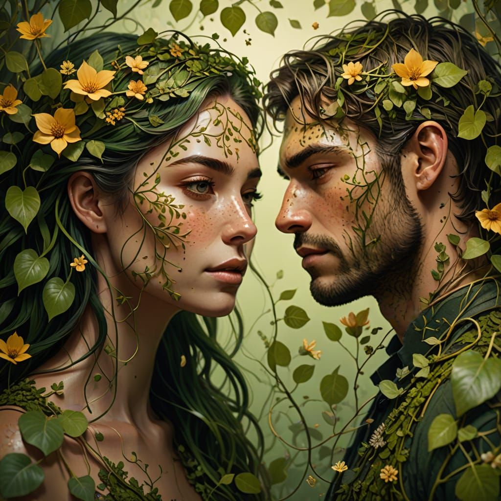 Botanical Illustration of Couple Exhaling Flowers