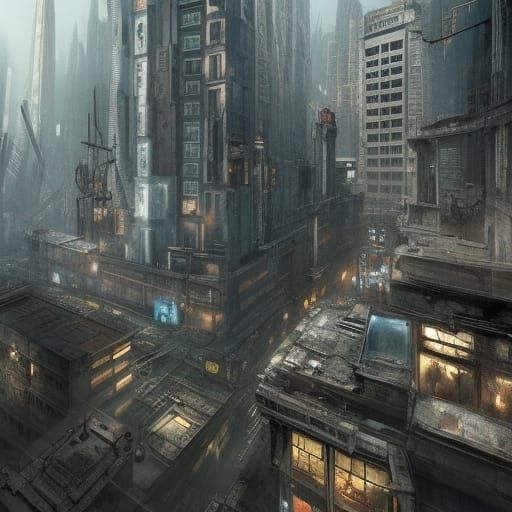 Decaying Technoir City Reflected in Shadows