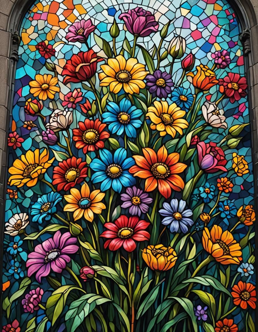 Stained Glass Flowers in Street Art Style