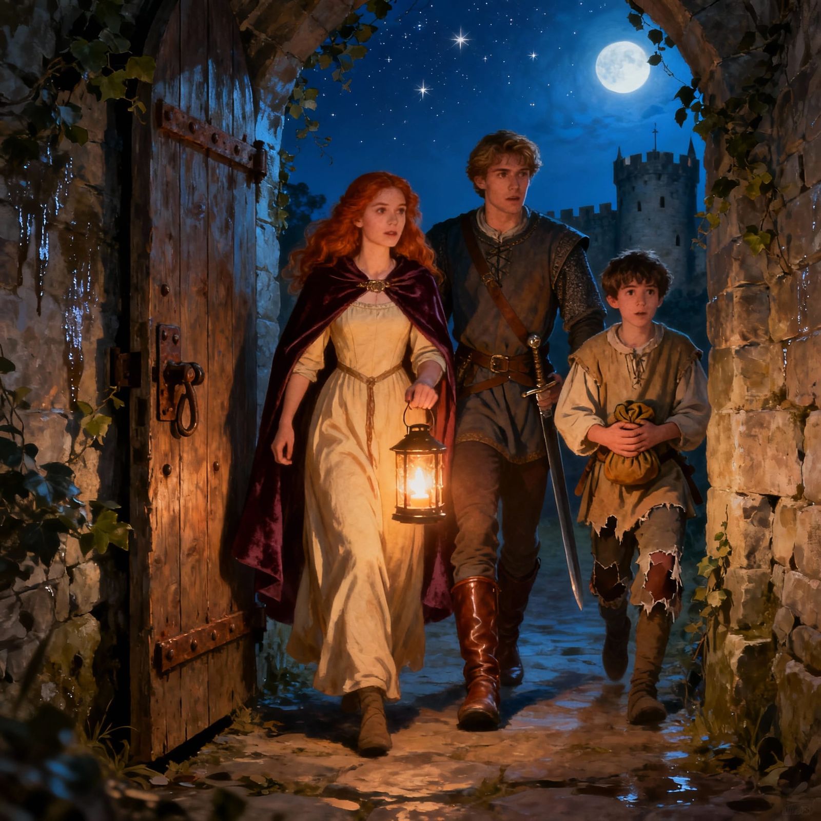 Medieval Escape: Maiden, Prince, and Boy Flee Castle at Nigh...