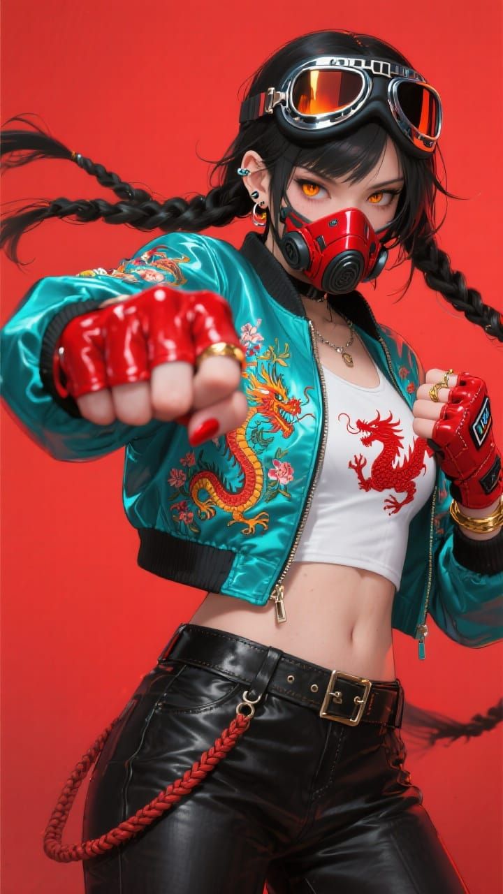 Cyberpunk Heroine Punch in Anime-Realism Style